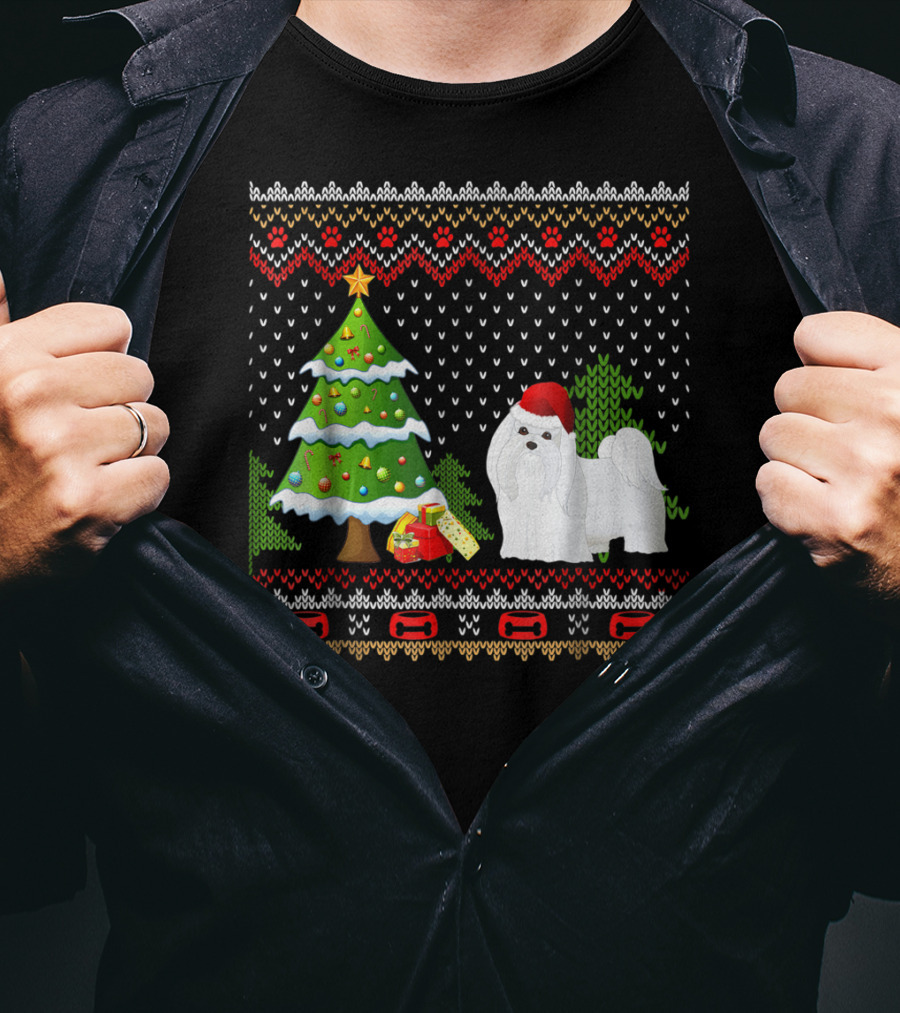 Maltese Santa Christmas UglyDog With Festive Tree And Gifts T-Shirt