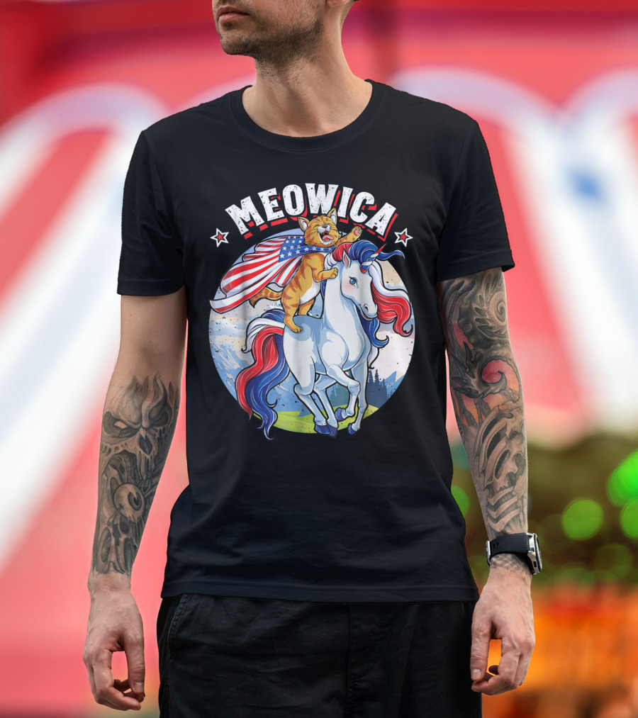 Meowica Cat Riding Patriotic Unicorn with American Flag for 4th of July T-Shirt