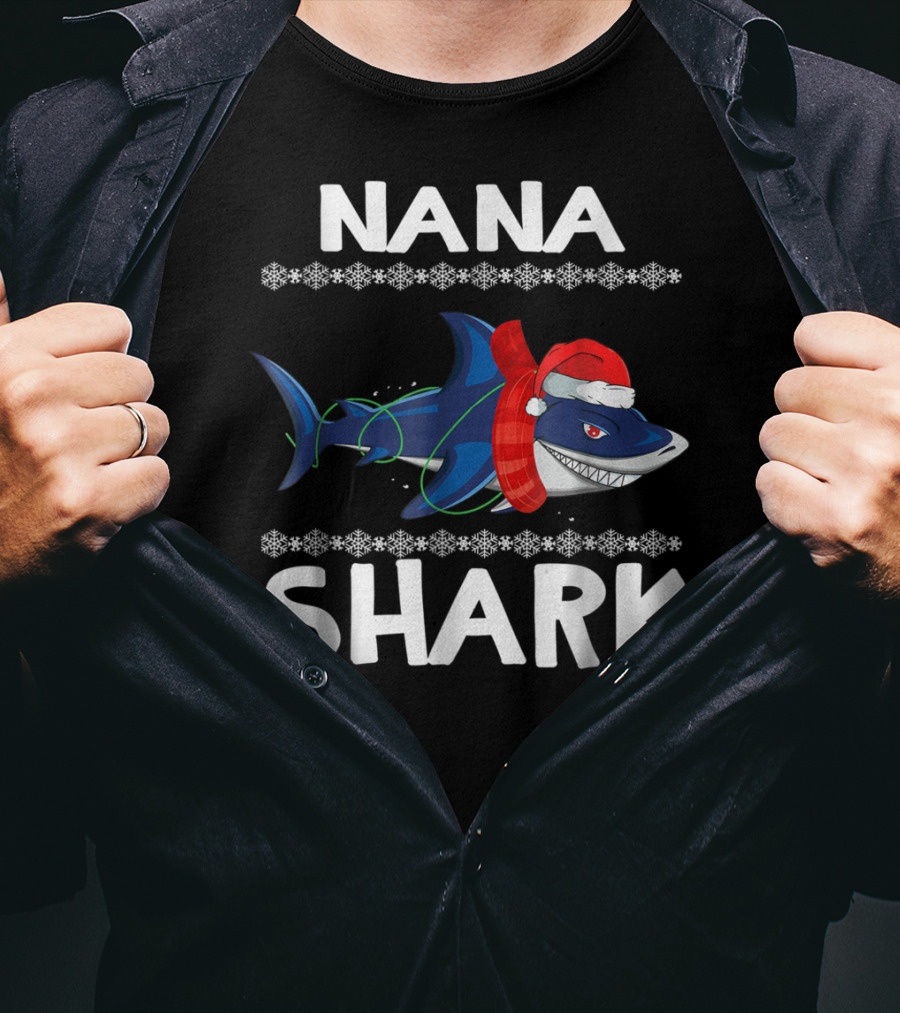 Nana Shark Christmas Sweater With Santa Hat And Snowflakes T-Shirt