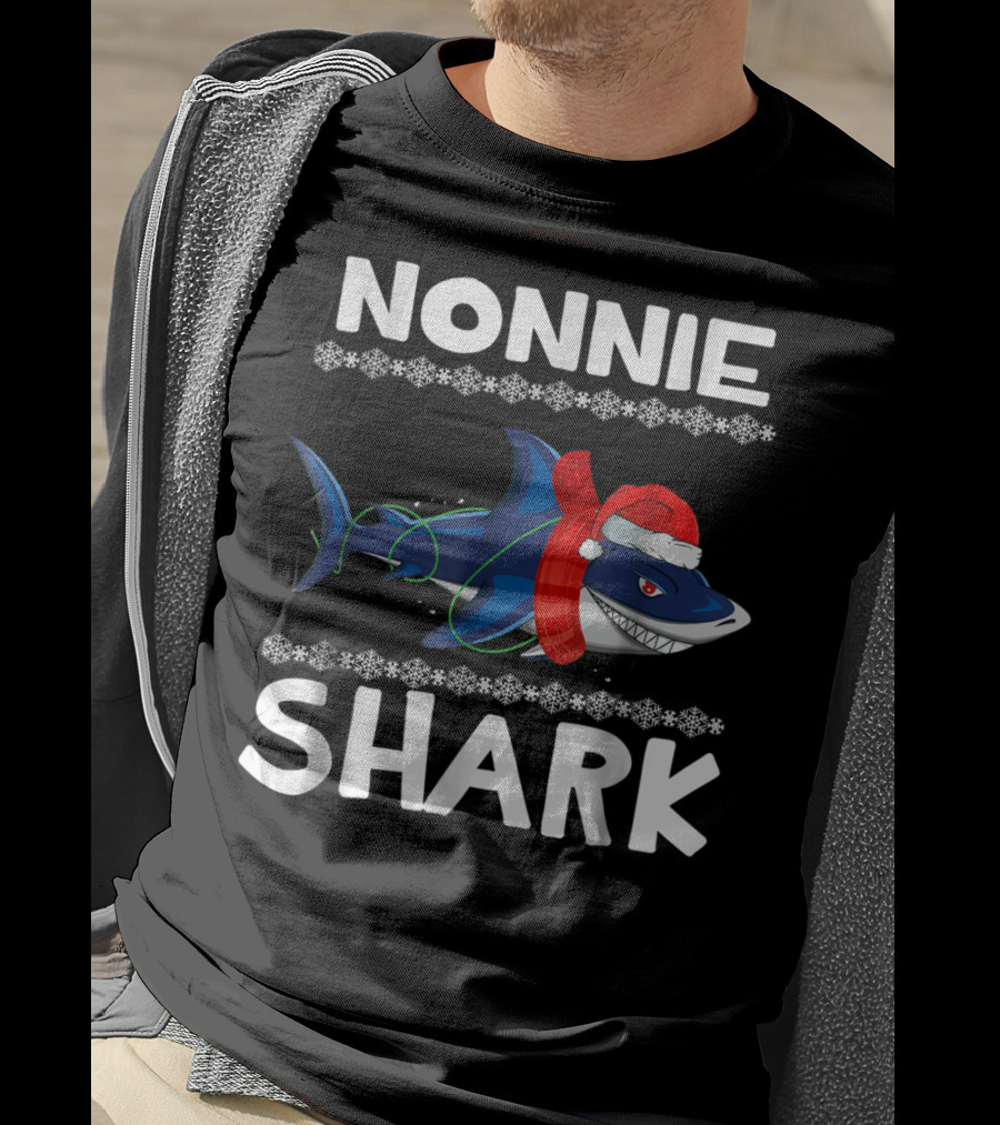 Nonnie Shark Christmas Family With Santa Hat And Scarf T-Shirt