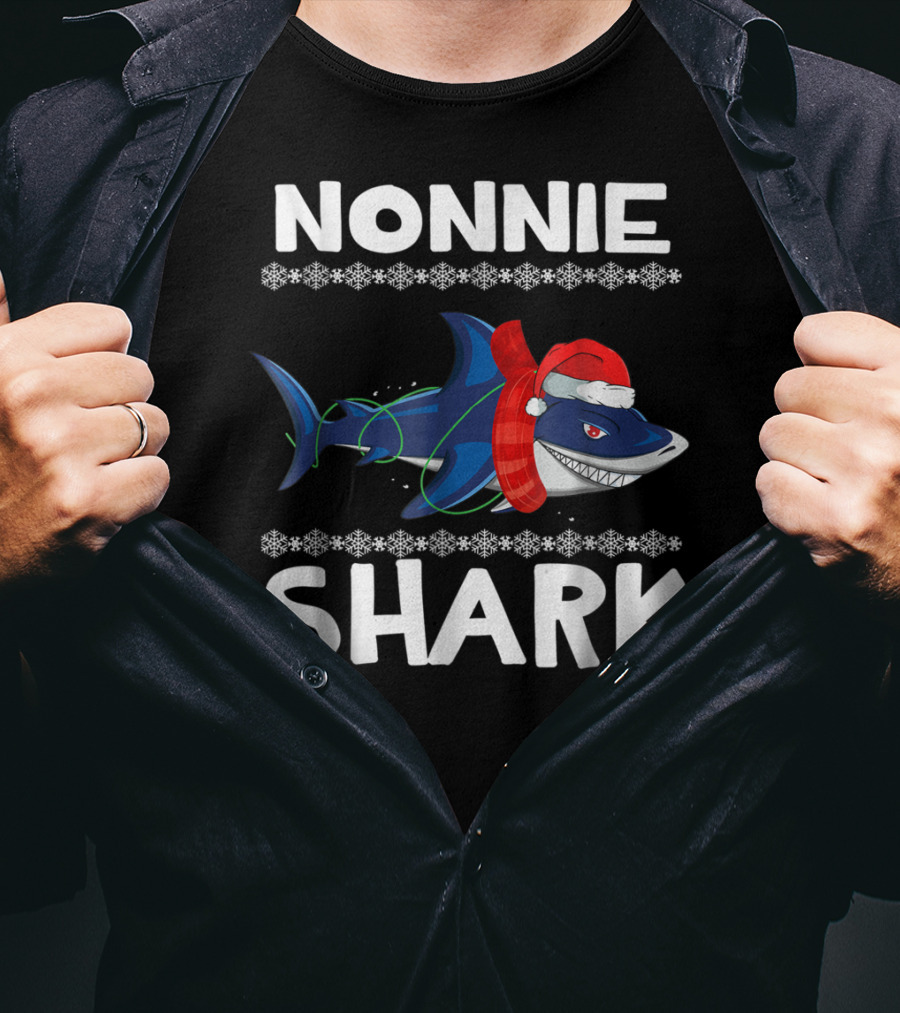 Nonnie Shark Christmas Family With Santa Hat And Scarf T-Shirt