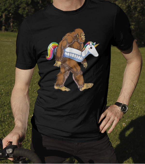 Sasquatch With Unicorn Float Pool Party Bigfoot T-Shirt