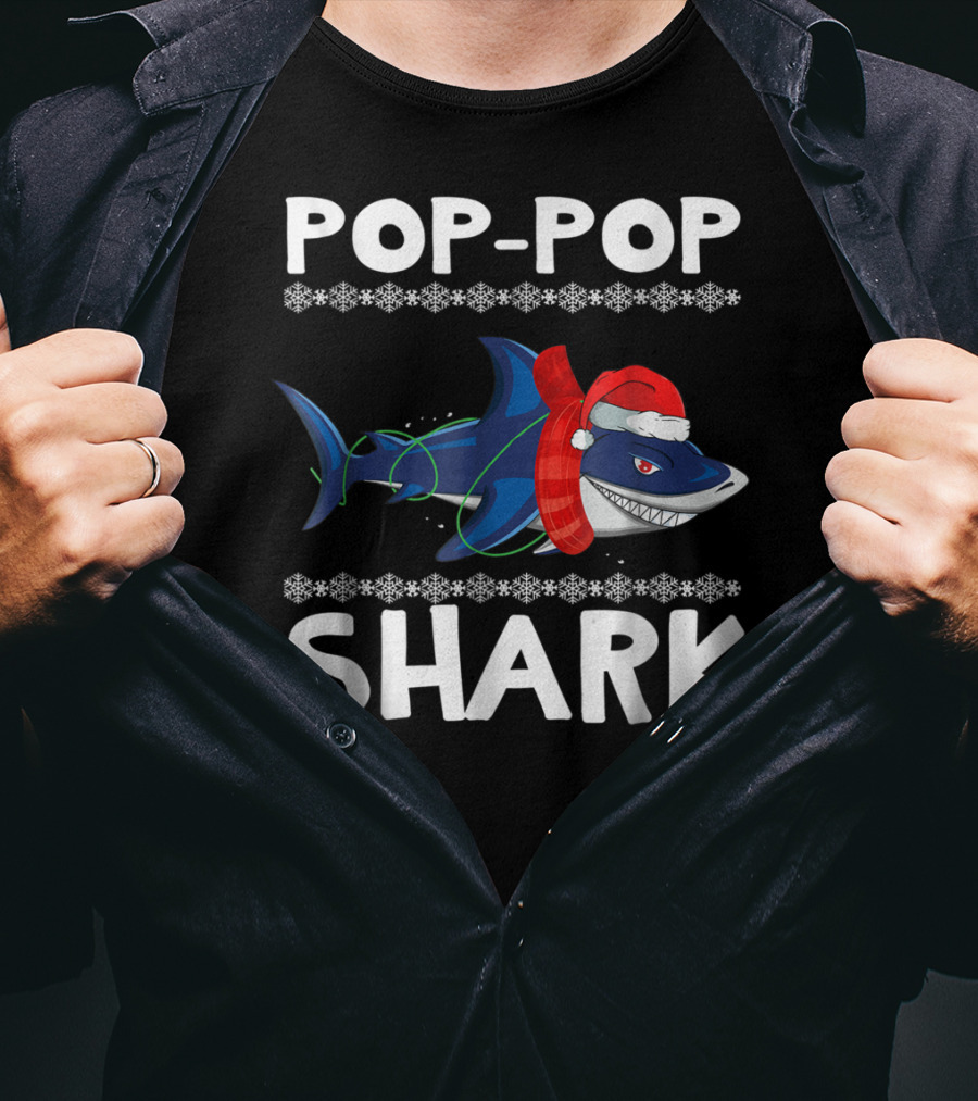 Pop-Pop Shark Santa Hat Christmas Family T-Shirt