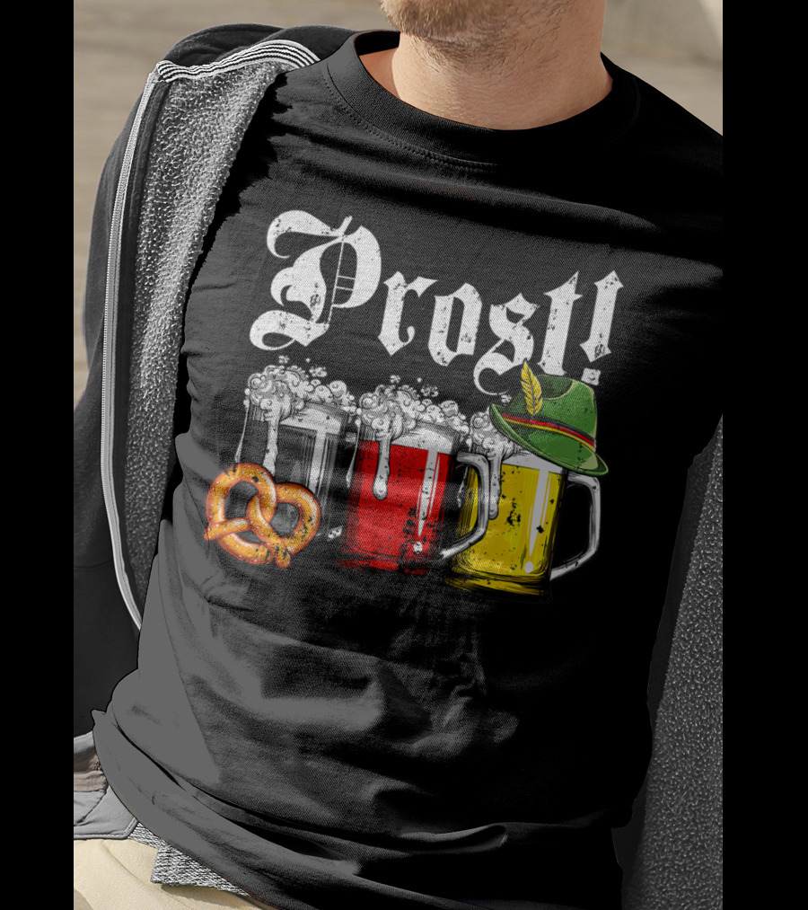 Prost Beer German Flag Oktoberfest With Pretzel And Bavarian Hat T-Shirt