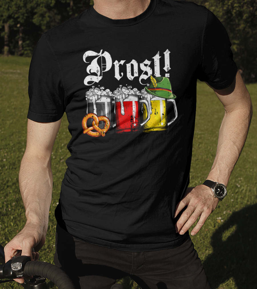Prost Beer German Flag Oktoberfest With Pretzel And Bavarian Hat T-Shirt
