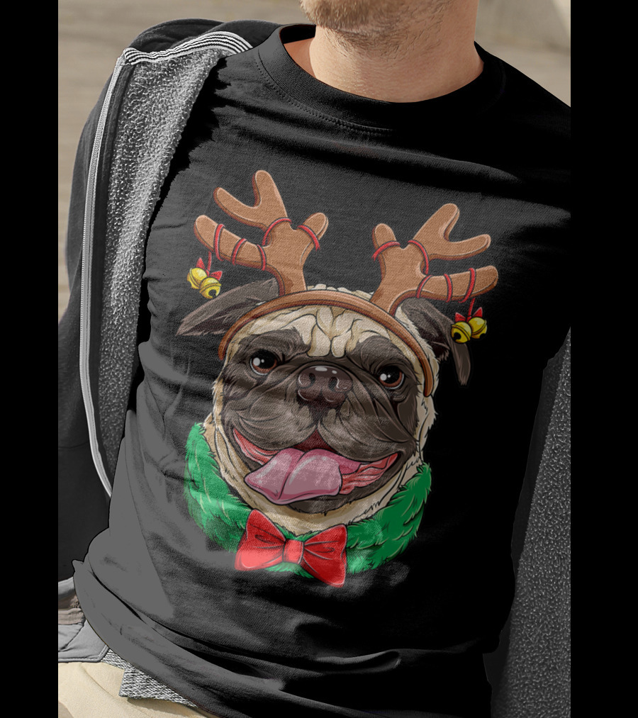 Pug Christmas Reindeer Antlers Dog Xmas Girls S6 Holiday Bow Wrapping Bells T-Shirt