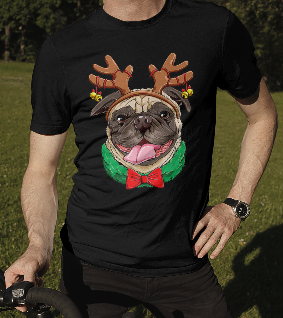 Pug Christmas Reindeer Antlers Dog Xmas Girls S6 Holiday Bow Wrapping Bells T-Shirt
