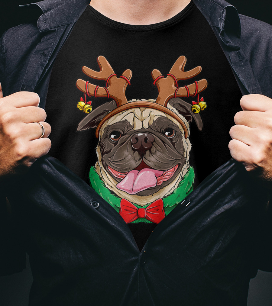 Pug Christmas Reindeer Antlers Dog Xmas Girls S6 Holiday Bow Wrapping Bells T-Shirt