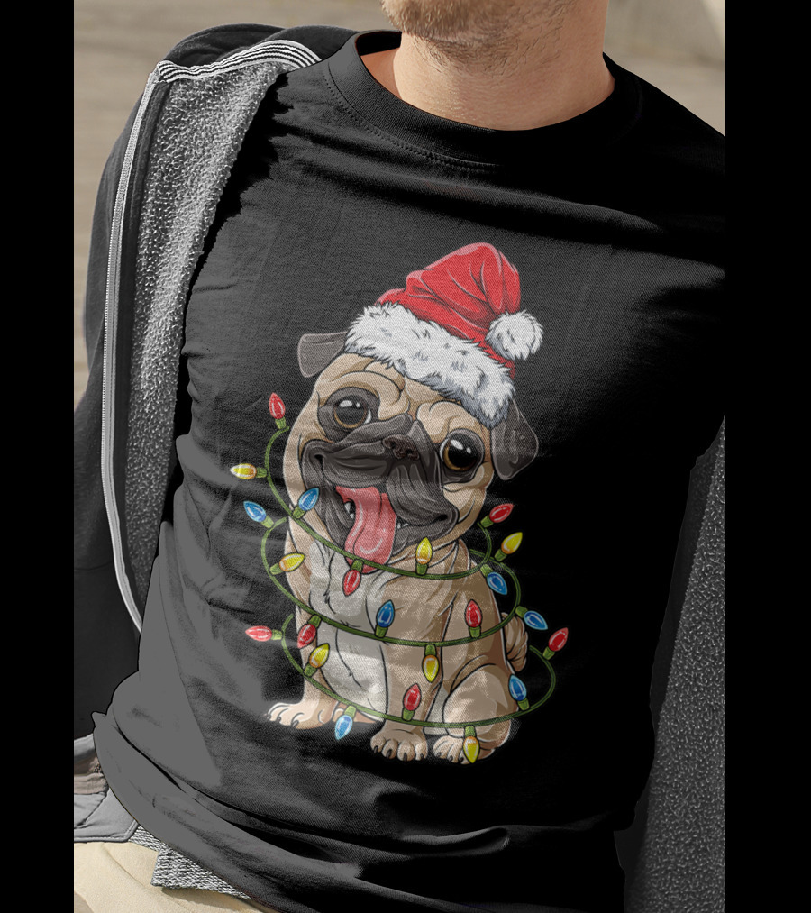 Pug Wearing Santa Hat Wrapped In Xmas Lights For Christmas T-Shirt