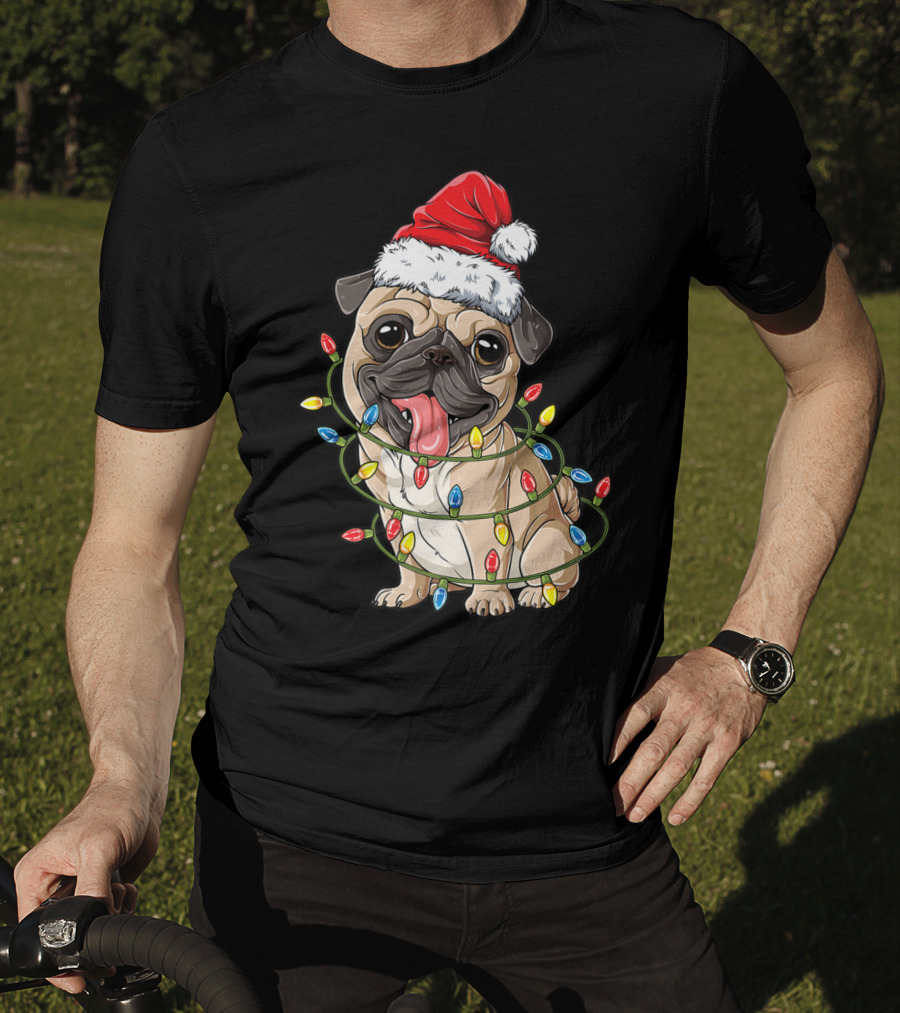 Pug Wearing Santa Hat Wrapped In Xmas Lights For Christmas T-Shirt