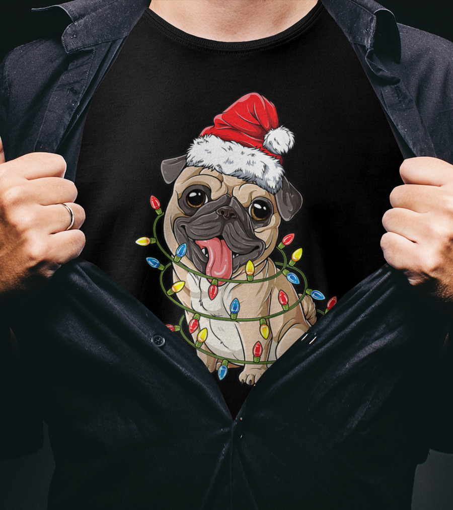 Pug Wearing Santa Hat Wrapped In Xmas Lights For Christmas T-Shirt