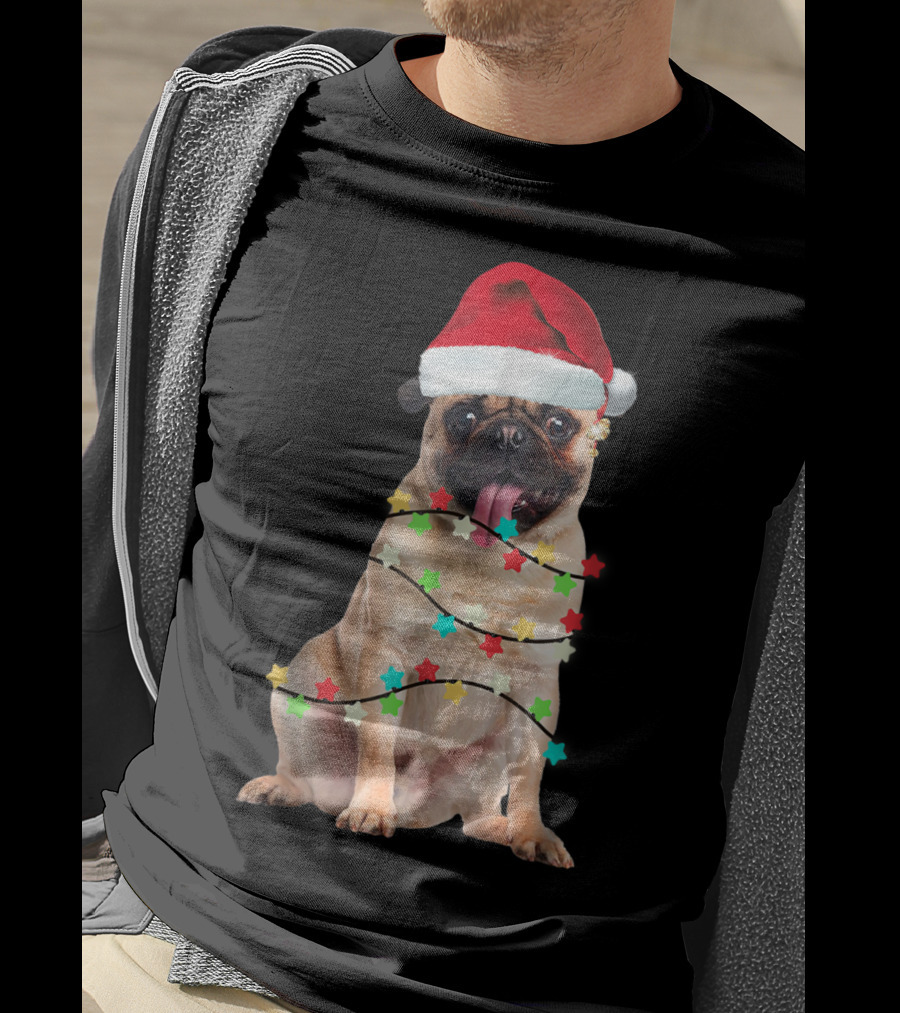 Pug Santa Christmas Light Wrapping Festive Holiday Hat T-Shirt