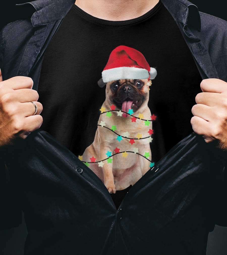 Pug Santa Christmas Light Wrapping Festive Holiday Hat T-Shirt