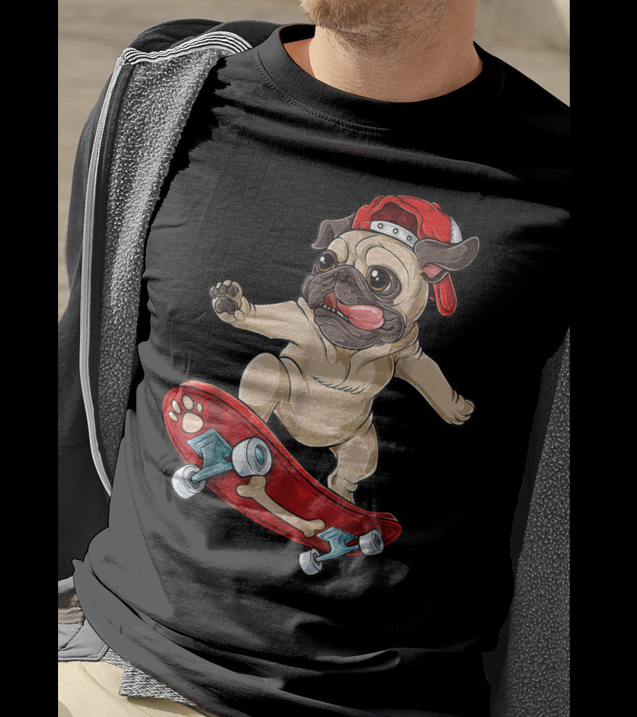 Pug Puppy Skater With Red Hat And Paw Print Skateboard T-Shirt