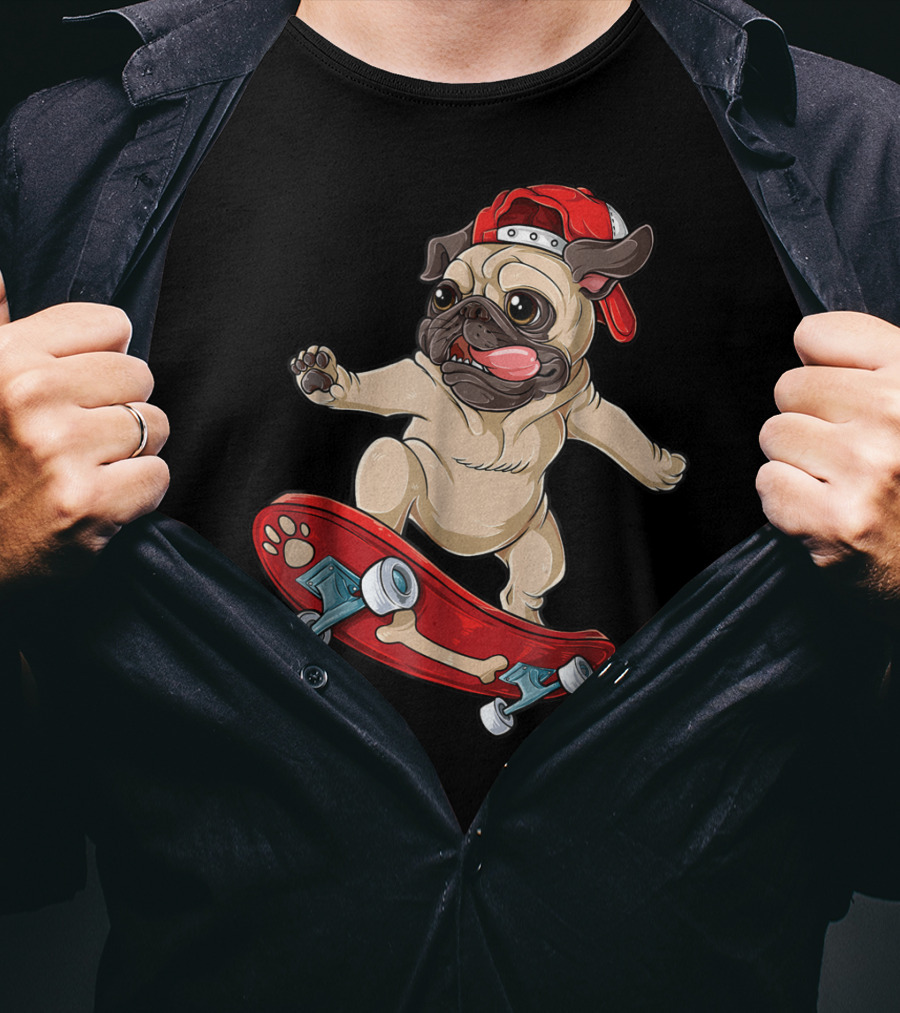 Pug Puppy Skater With Red Hat And Paw Print Skateboard T-Shirt