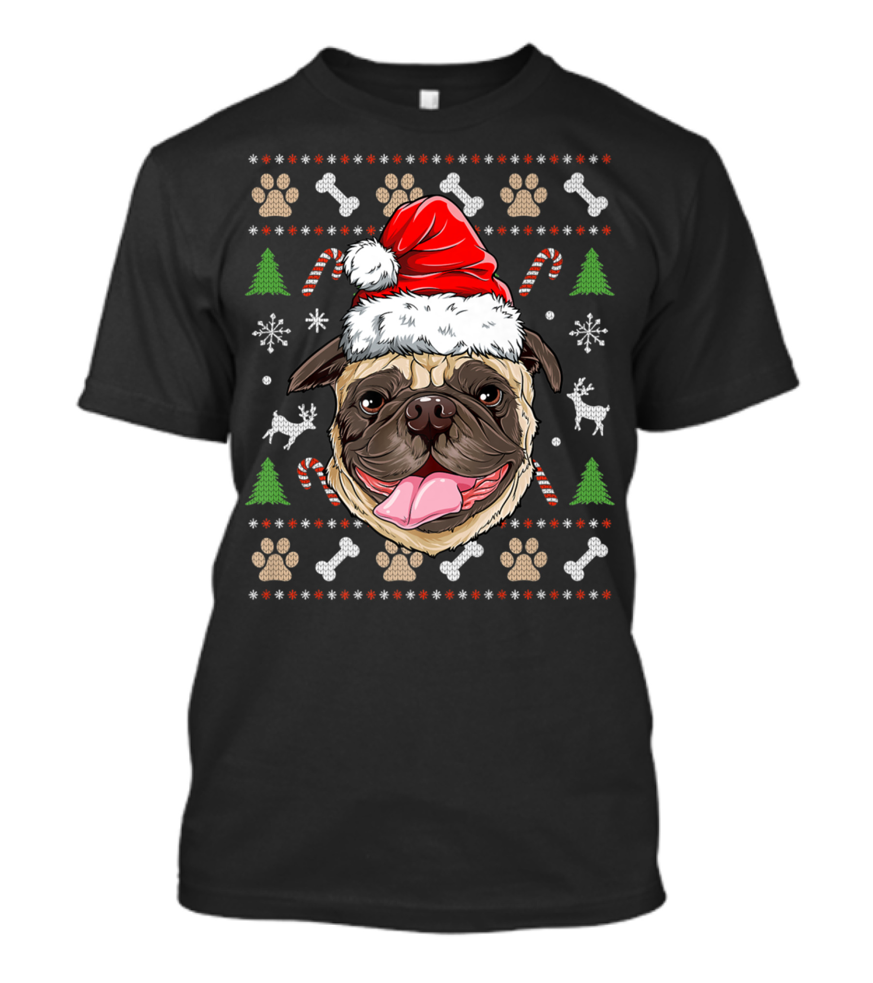 Pugmas Santa Hat Ugly Christmas Pug With Paw Prints And Candy Canes T-Shirt