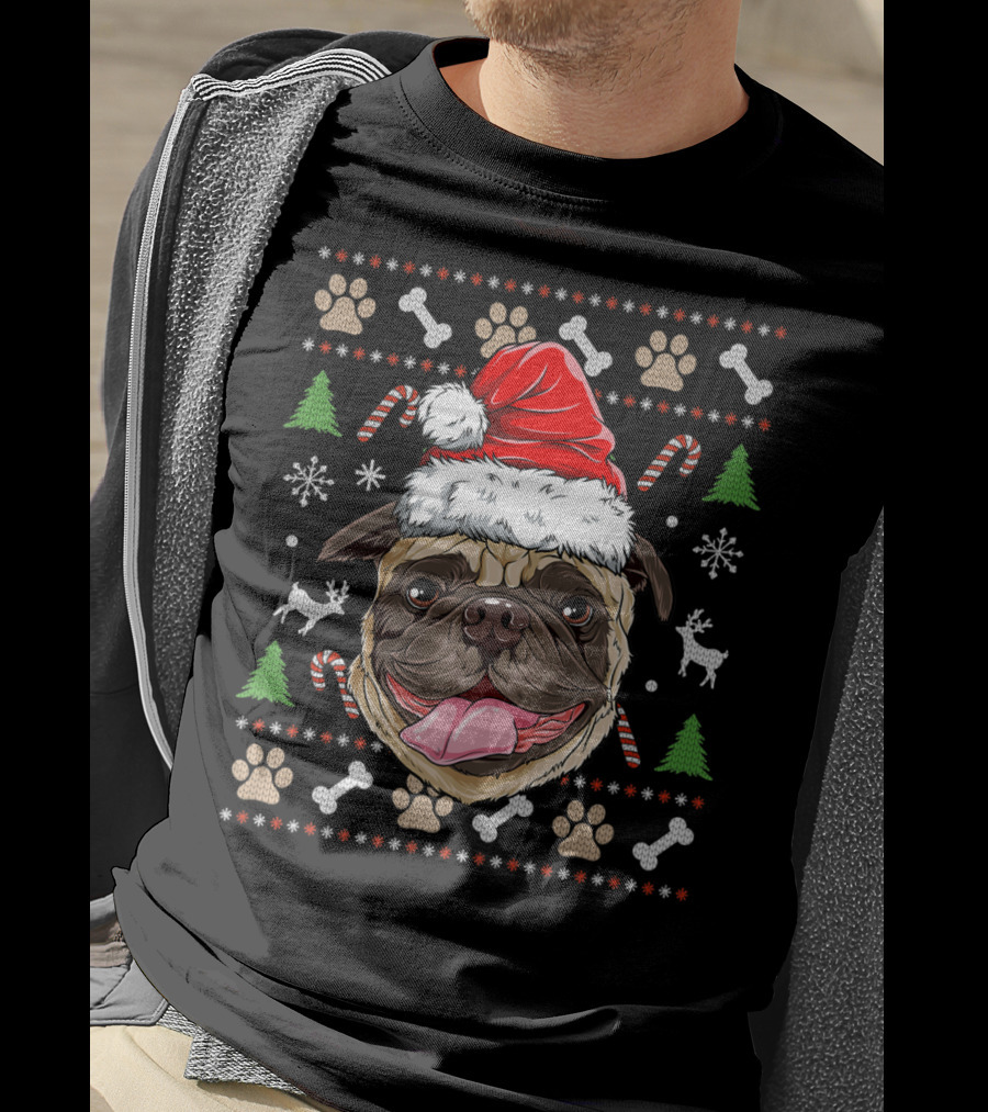 Pugmas Santa Hat Ugly Christmas Pug With Paw Prints And Candy Canes T-Shirt