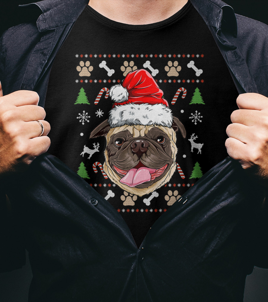 Pugmas Santa Hat Ugly Christmas Pug With Paw Prints And Candy Canes T-Shirt