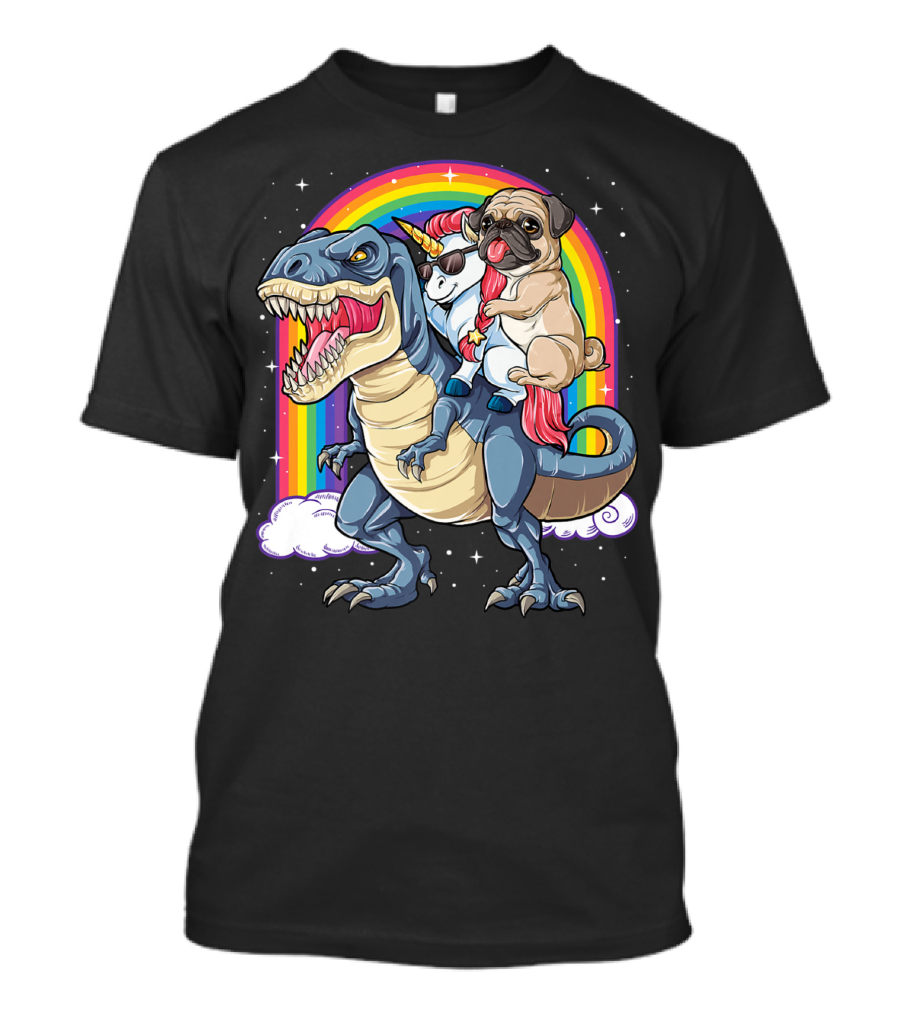 Pug Unicorn Riding Dinosaur With Rainbow Kids Girls Women T-Shirt