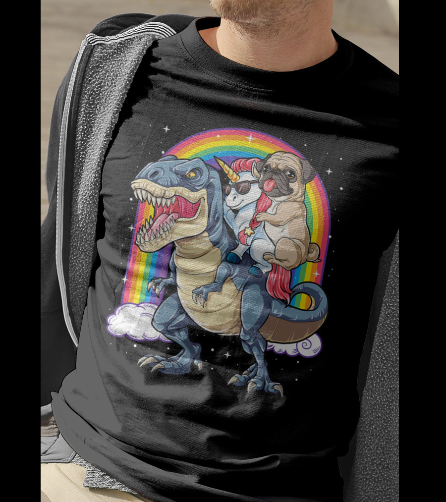 Pug Unicorn Riding Dinosaur With Rainbow Kids Girls Women T-Shirt
