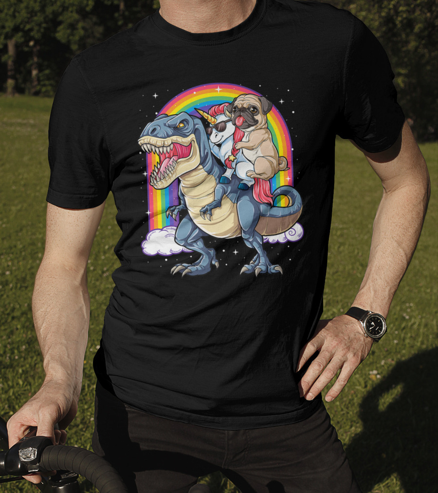 Pug Unicorn Riding Dinosaur With Rainbow Kids Girls Women T-Shirt