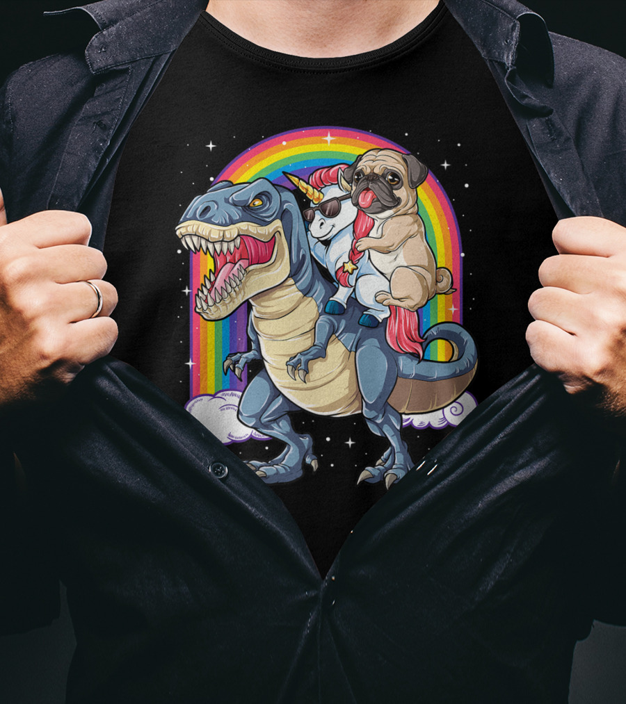 Pug Unicorn Riding Dinosaur With Rainbow Kids Girls Women T-Shirt