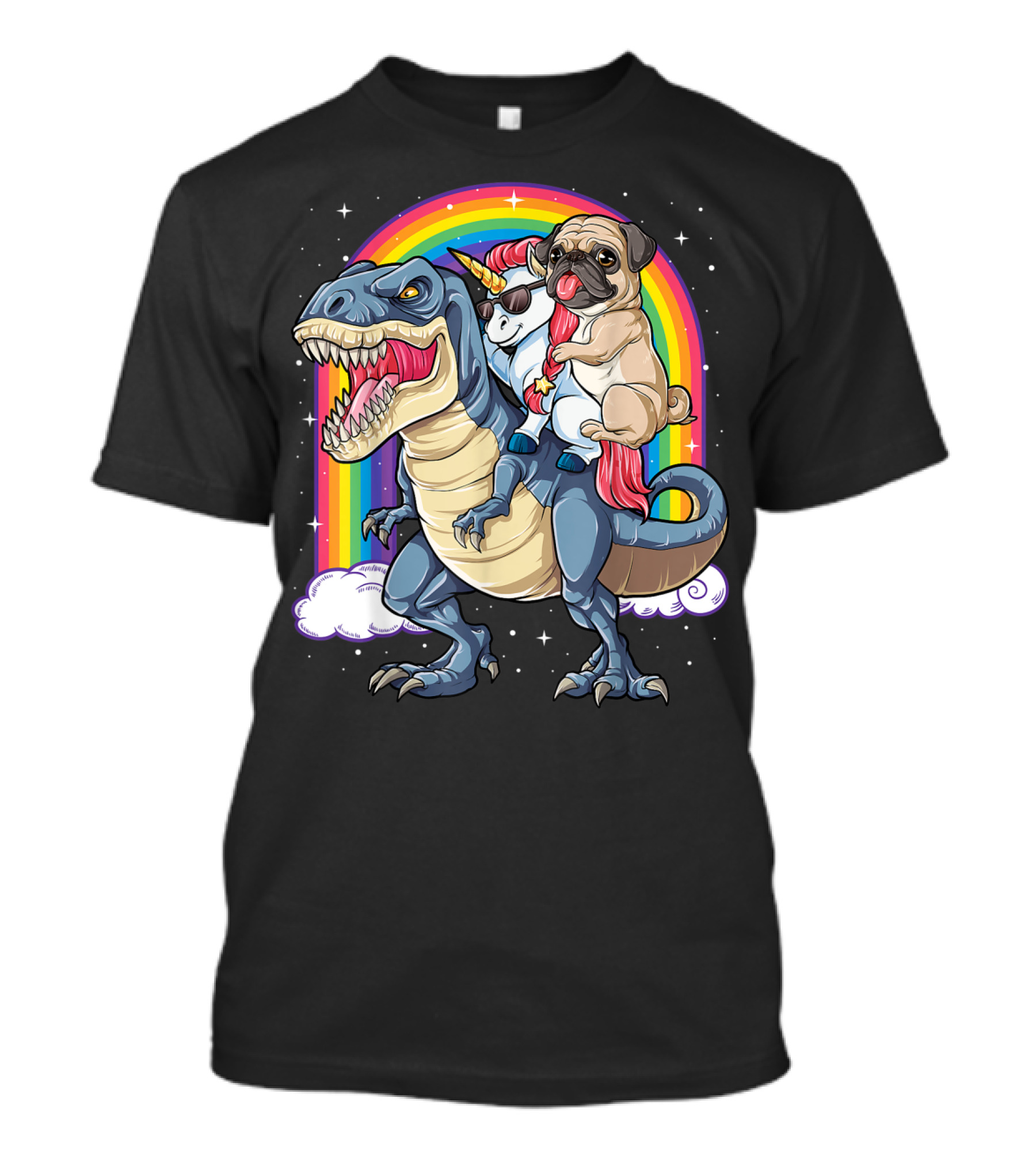 Pug Riding Unicorn Riding Dinosaur Under Rainbow T-Shirt