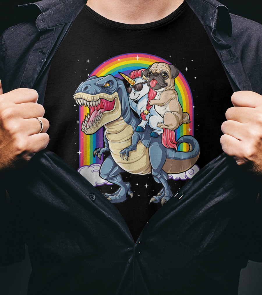 Pug Riding Unicorn Riding Dinosaur Under Rainbow T-Shirt