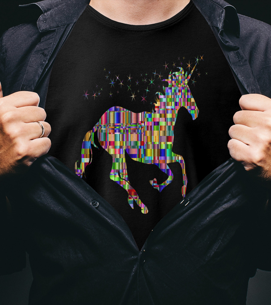 Riding Unicorn Rawr Sparkling Rainbow Stripes T-Shirt