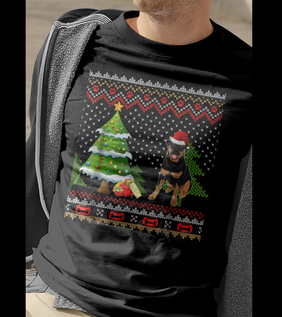 Rottweiler Santa Christmas Ugly Dog Sweater Tree And Gifts T-Shirt