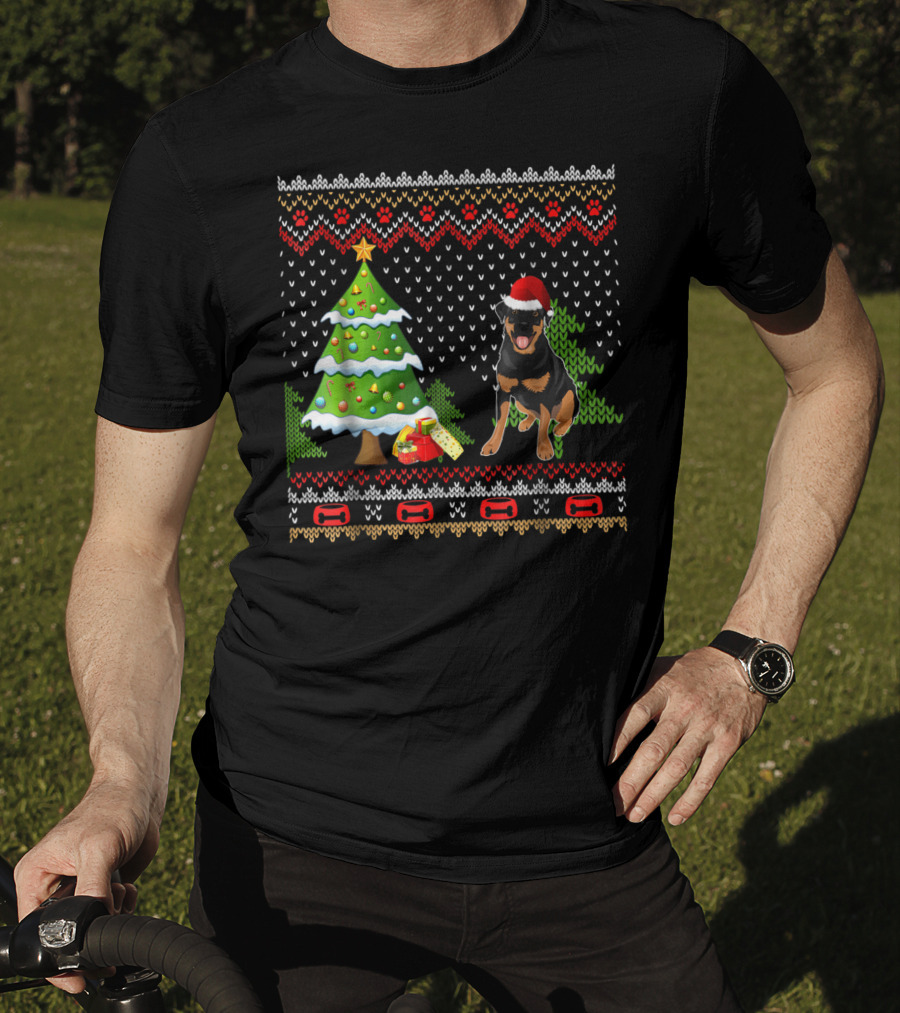 Rottweiler Santa Christmas Ugly Dog Sweater Tree And Gifts T-Shirt