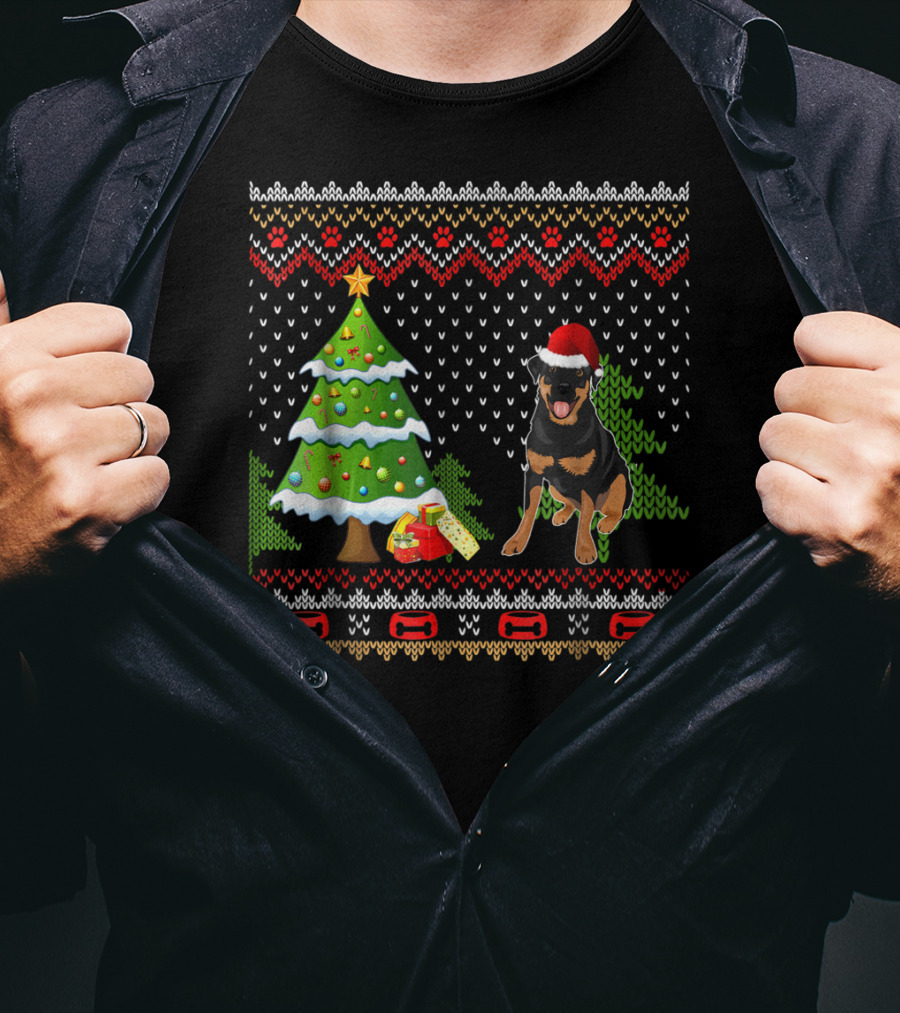 Rottweiler Santa Christmas Ugly Dog Sweater Tree And Gifts T-Shirt