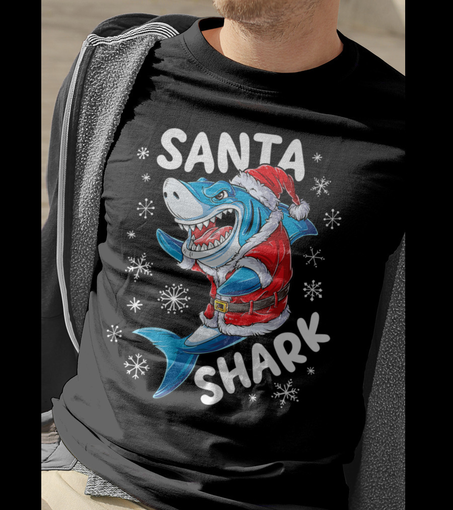 Santa Shark Holiday Cheer Snowflakes T-Shirt