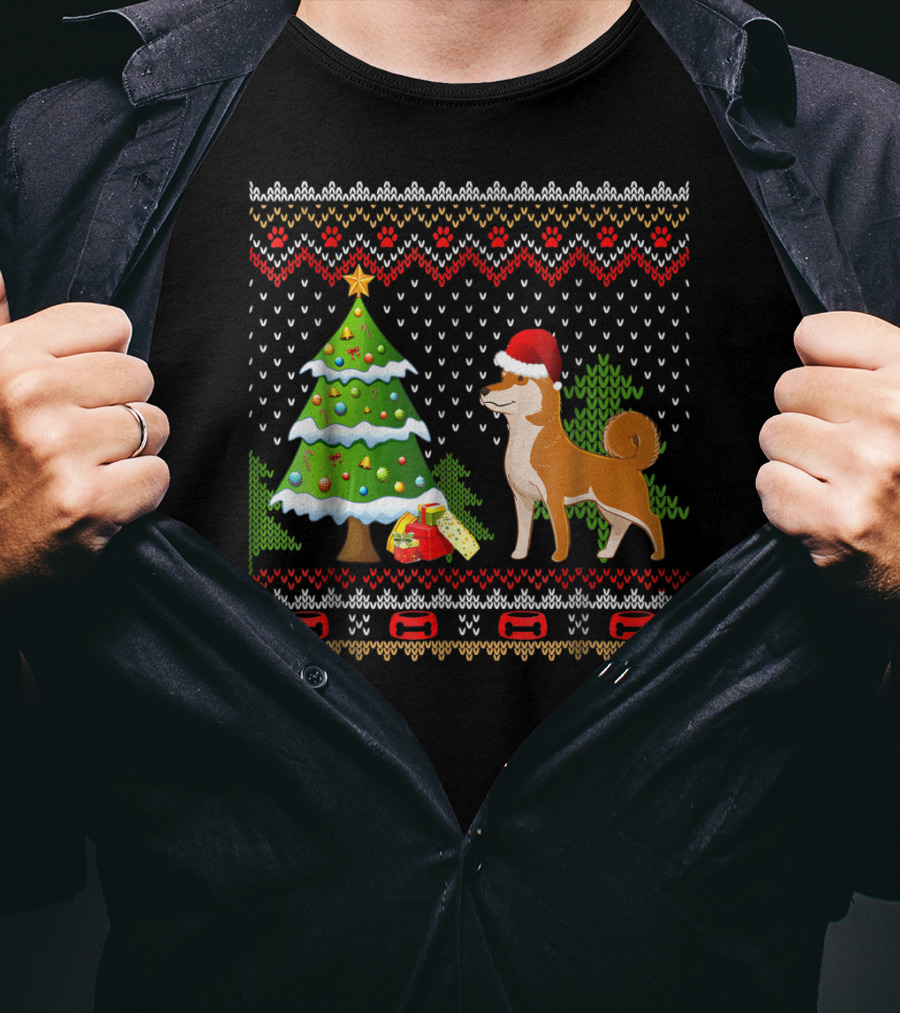 Shiba Inu Santa Christmas Tree Presents UglyDog T-Shirt