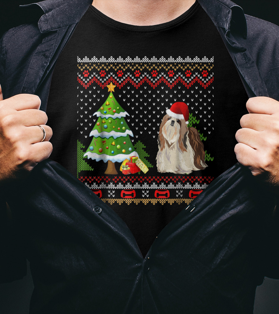 Shih Tzu Santa Christmas Ugly Dog Sweater Tree T-Shirt
