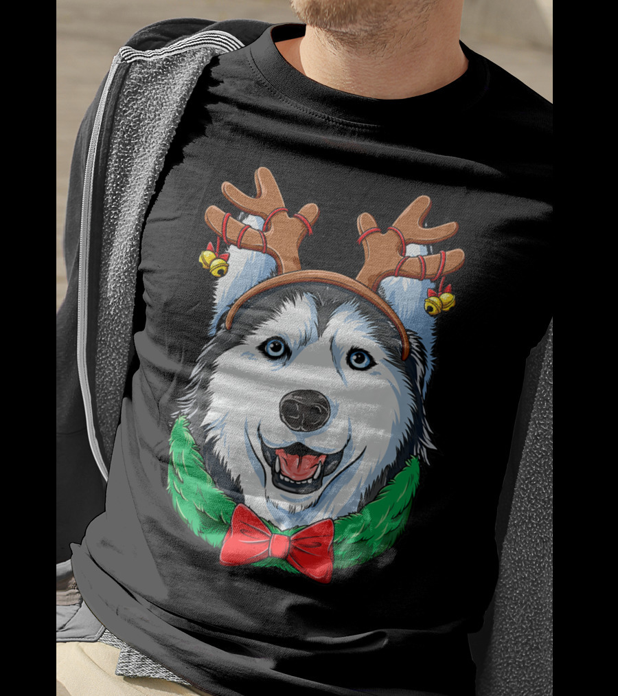 Siberian Husky With Christmas Reindeer Antlers And Festive Bow T-Shirt