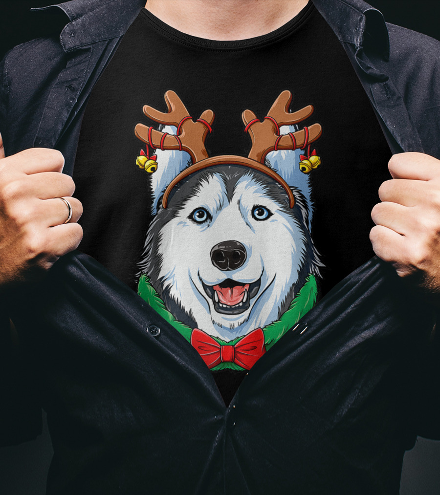 Siberian Husky With Christmas Reindeer Antlers And Festive Bow T-Shirt
