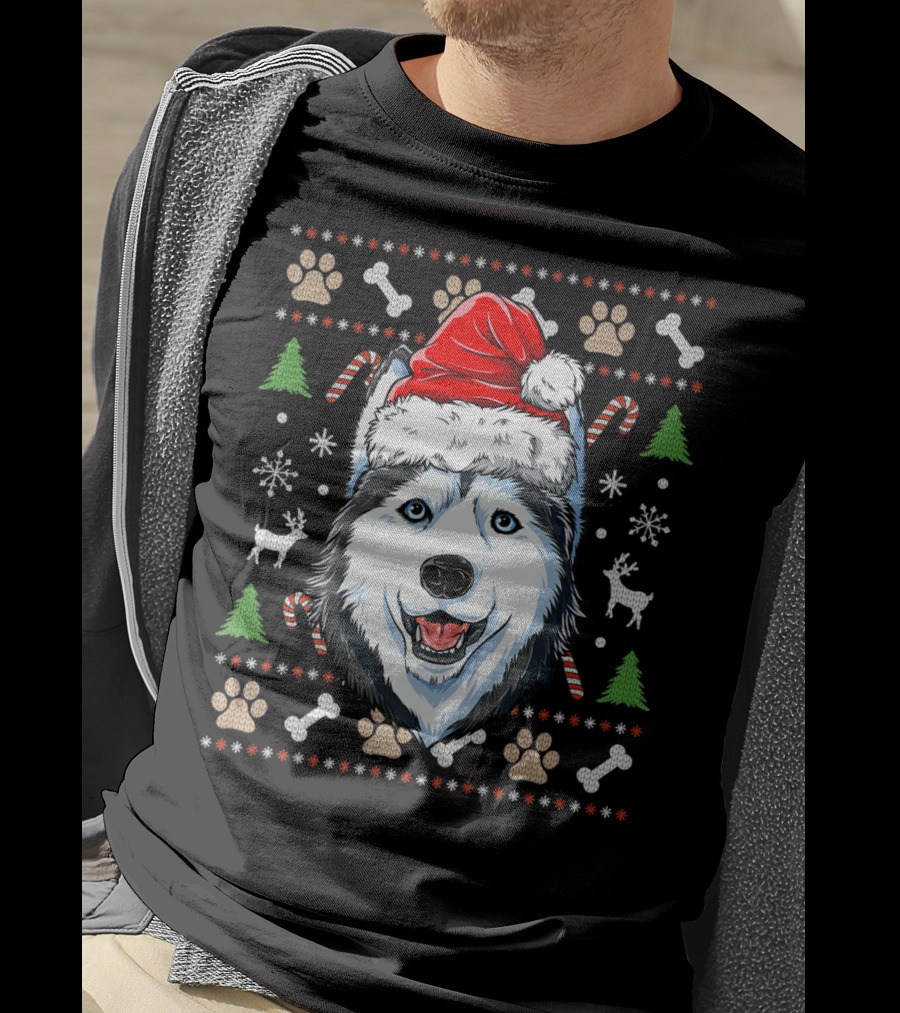 Siberian Husky Santa Hat Snowflakes Candy Canes Christmas Paw Prints T-Shirt