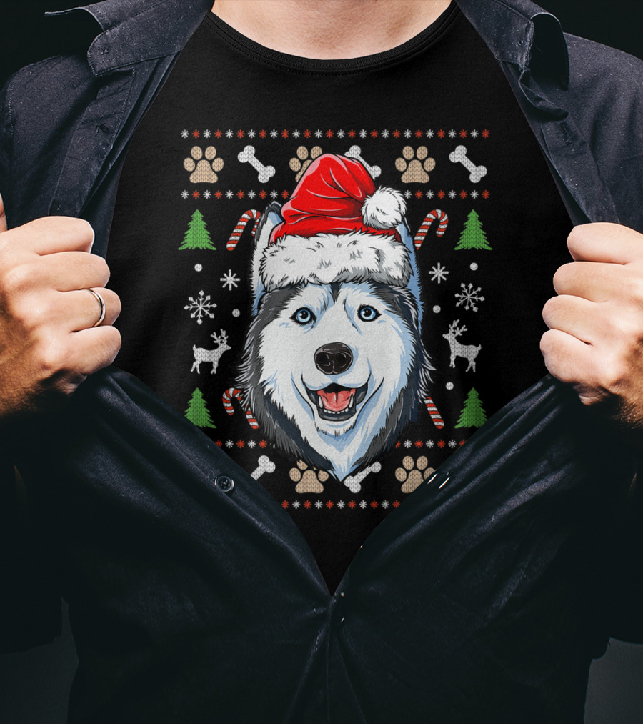 Siberian Husky Santa Hat Snowflakes Candy Canes Christmas Paw Prints T-Shirt