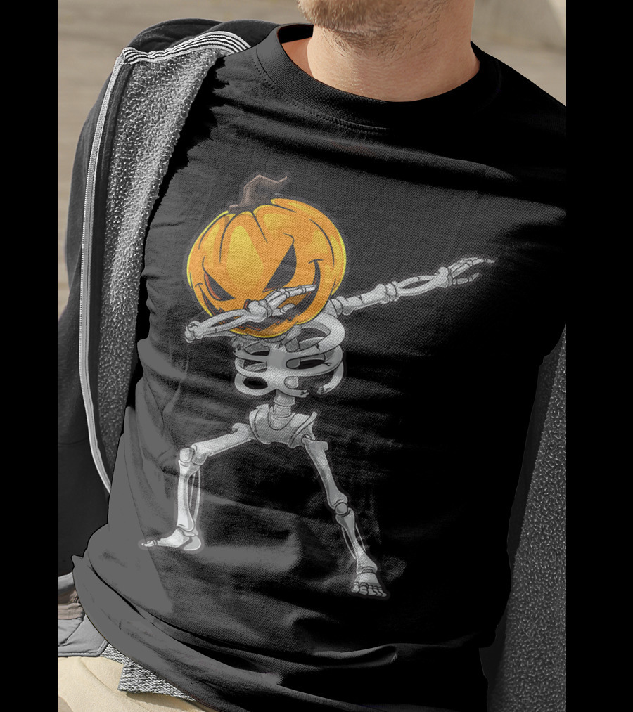 Skeleton Dabbing Halloween Scary Pumpkin Head Dance T-Shirt