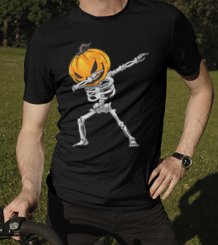 Skeleton Dabbing Halloween Scary Pumpkin Head Dance T-Shirt