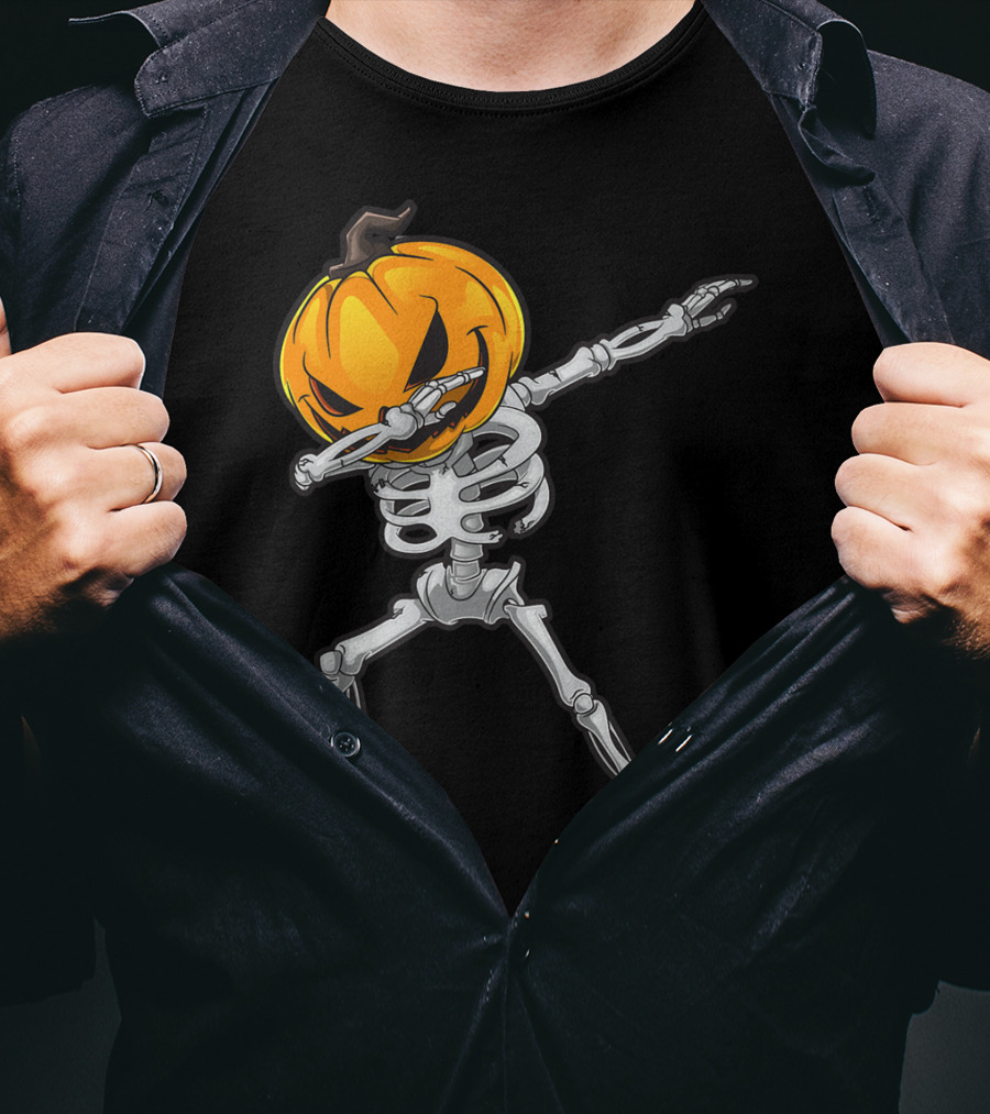Skeleton Dabbing Halloween Scary Pumpkin Head Dance T-Shirt