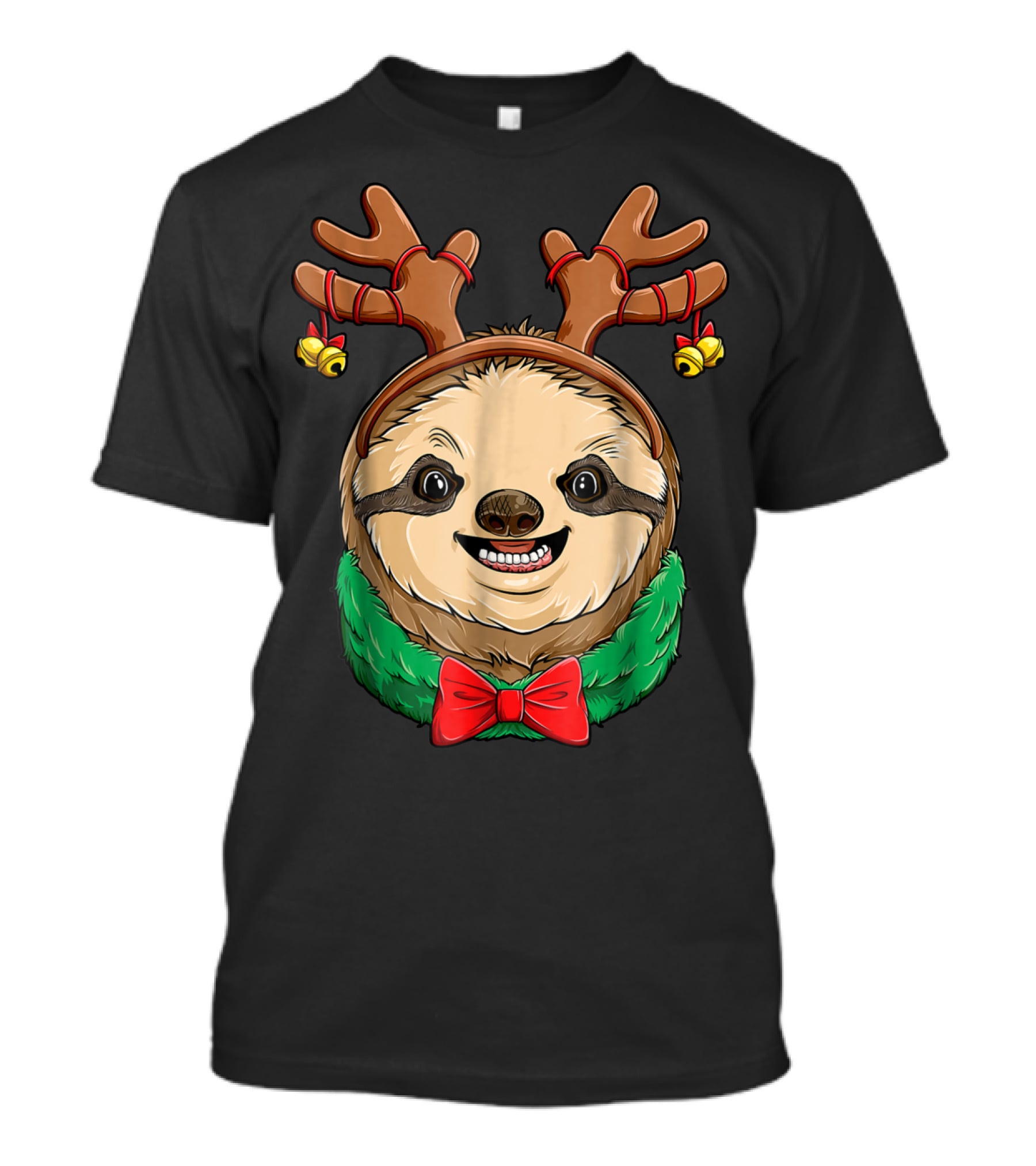 Sloth Christmas Reindeer Antlers Slothmas Xmas Festive Bow And Bells T-Shirt