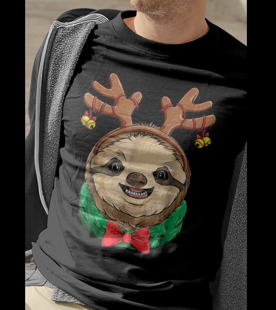 Sloth Christmas Reindeer Antlers Slothmas Xmas Festive Bow And Bells T-Shirt