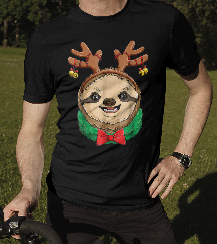 Sloth Christmas Reindeer Antlers Slothmas Xmas Festive Bow And Bells T-Shirt