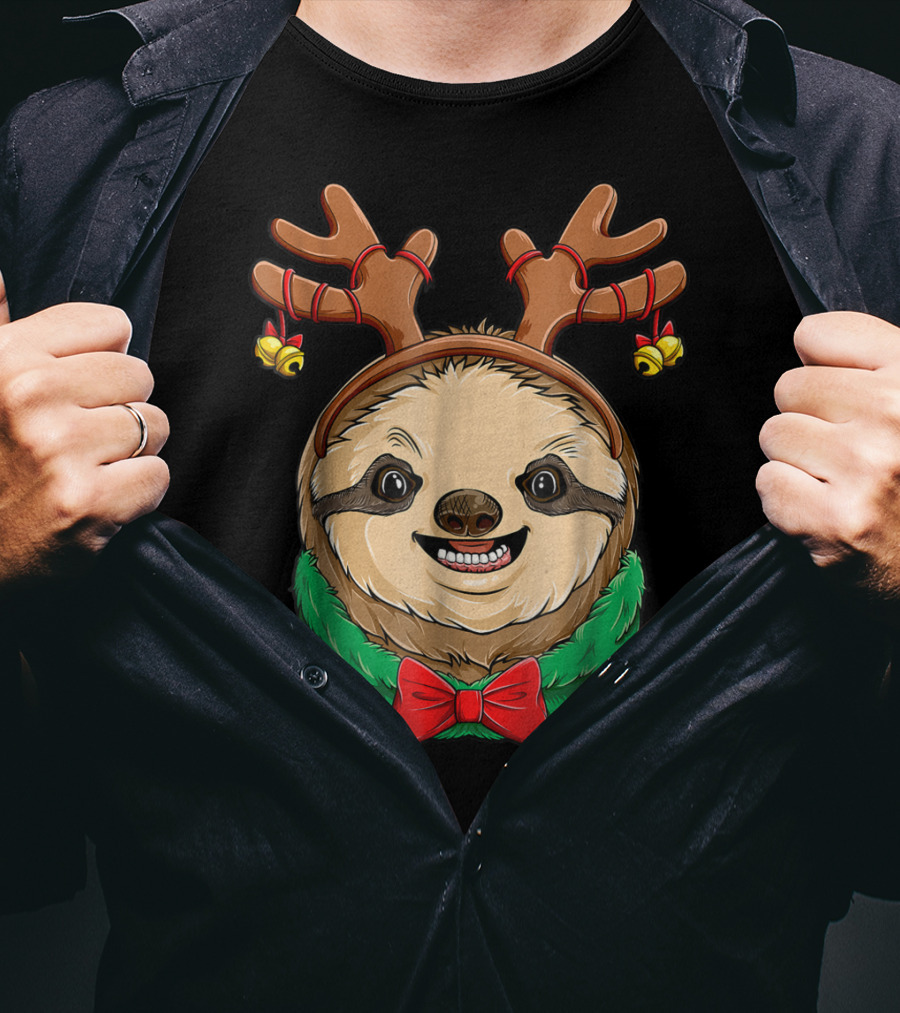 Sloth Christmas Reindeer Antlers Slothmas Xmas Festive Bow And Bells T-Shirt