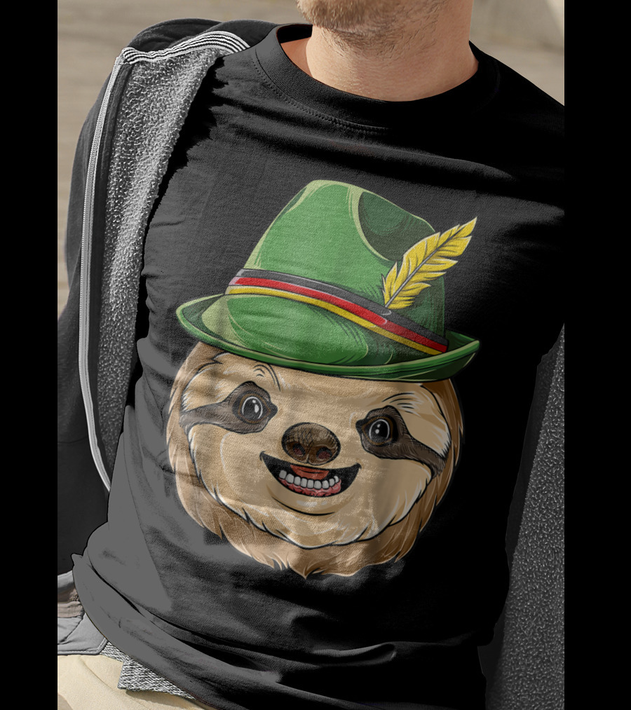 Sloth Oktoberfest Lederhosen Hat With Feather T-Shirt