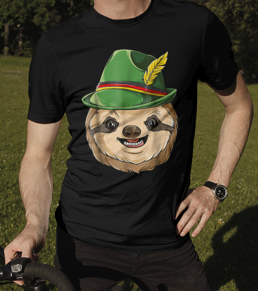 Sloth Oktoberfest Lederhosen Hat With Feather T-Shirt