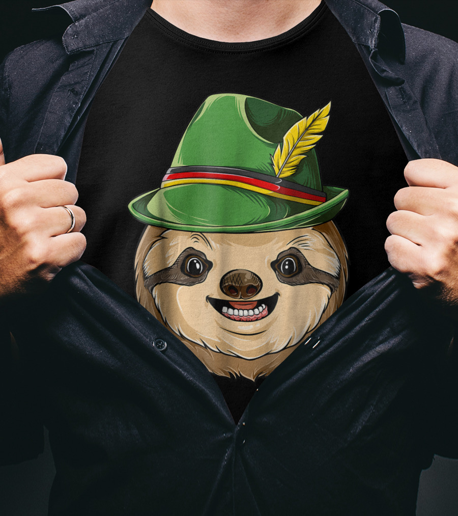 Sloth Oktoberfest Lederhosen Hat With Feather T-Shirt