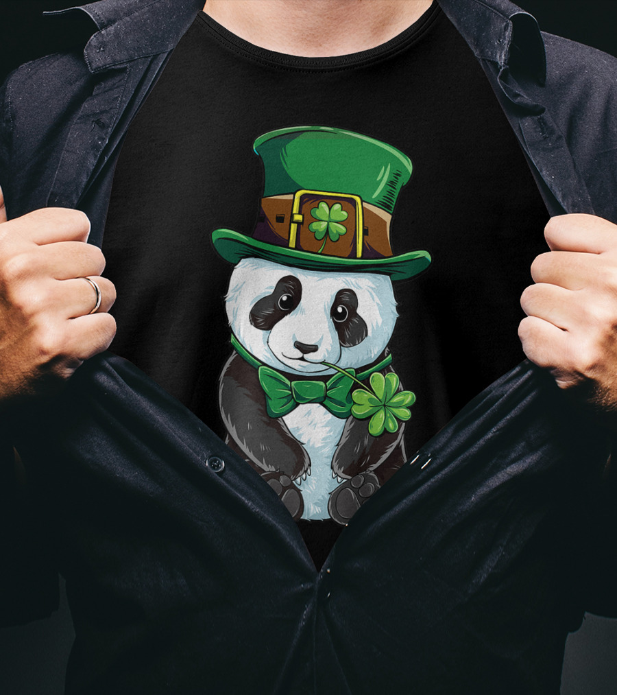 St Patricks Day Leprechaun Panda With Clover Cute Irish T-Shirt